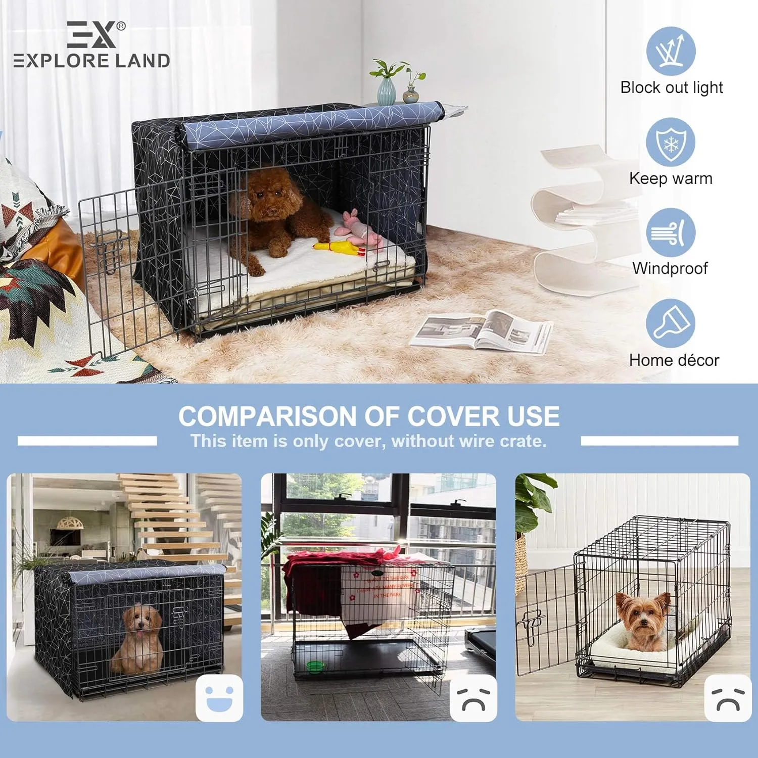 Explore Land Pattern Dog Crate Cover for 36 Inches Wire Cage, Heavy-Duty Polyester 1 2 3 Doors Standard Metal Pet Kennel Enclosure (Brief Polygonal)