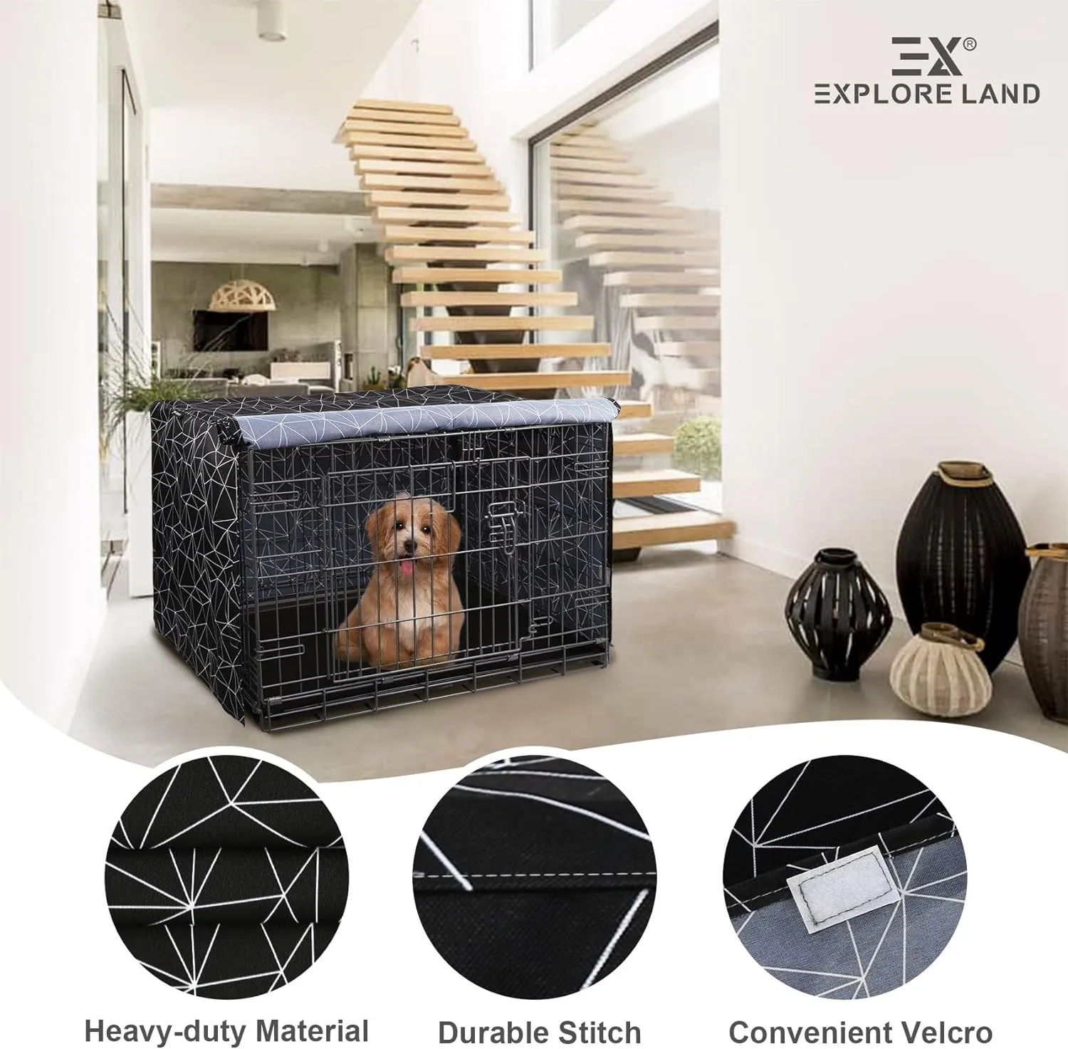 Explore Land Pattern Dog Crate Cover for 36 Inches Wire Cage, Heavy-Duty Polyester 1 2 3 Doors Standard Metal Pet Kennel Enclosure (Brief Polygonal)