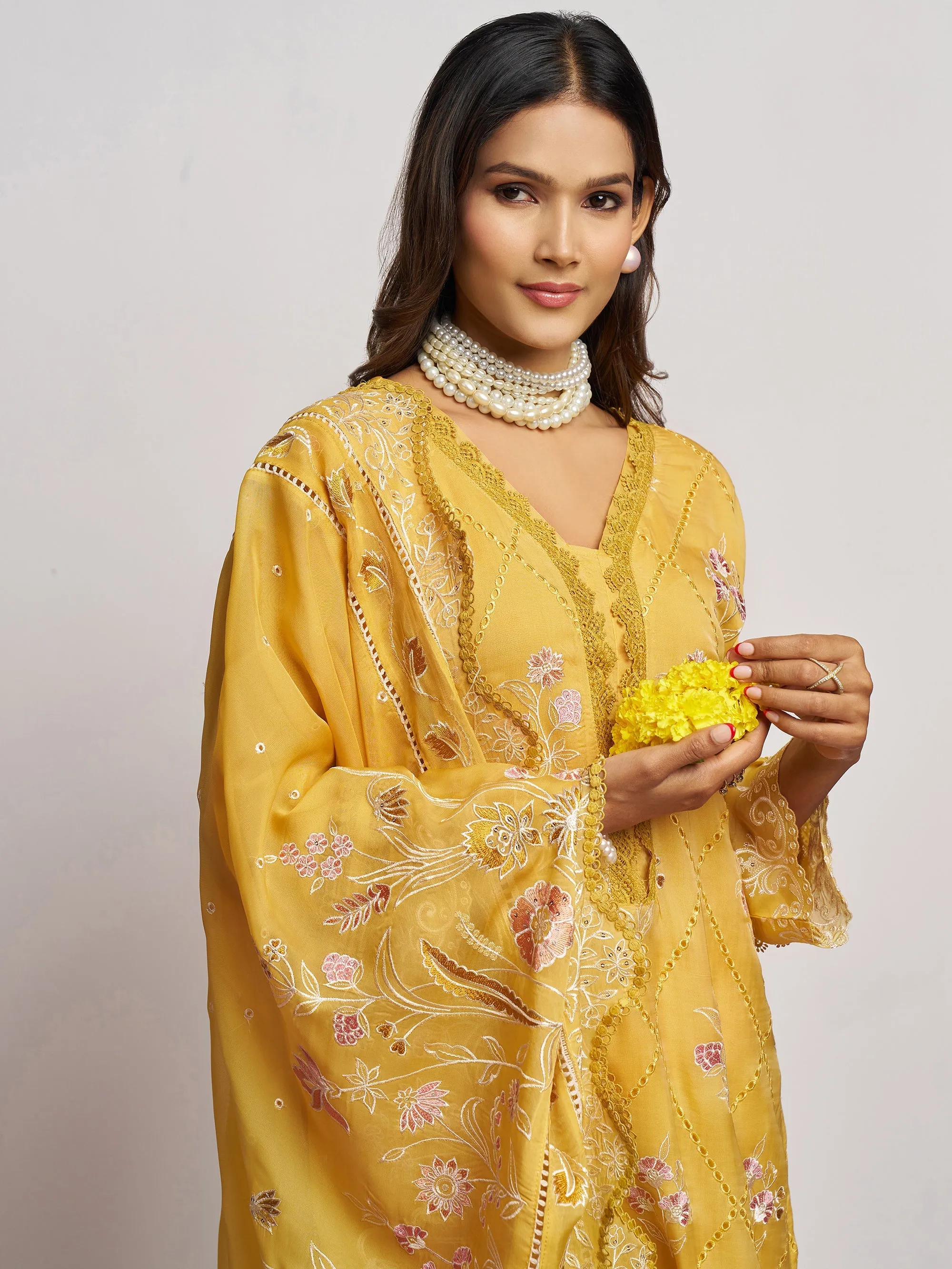 Fascinating Yellow Floral Embroidered Organza Haldi Wear Pant Suit with Heavy Dupatta