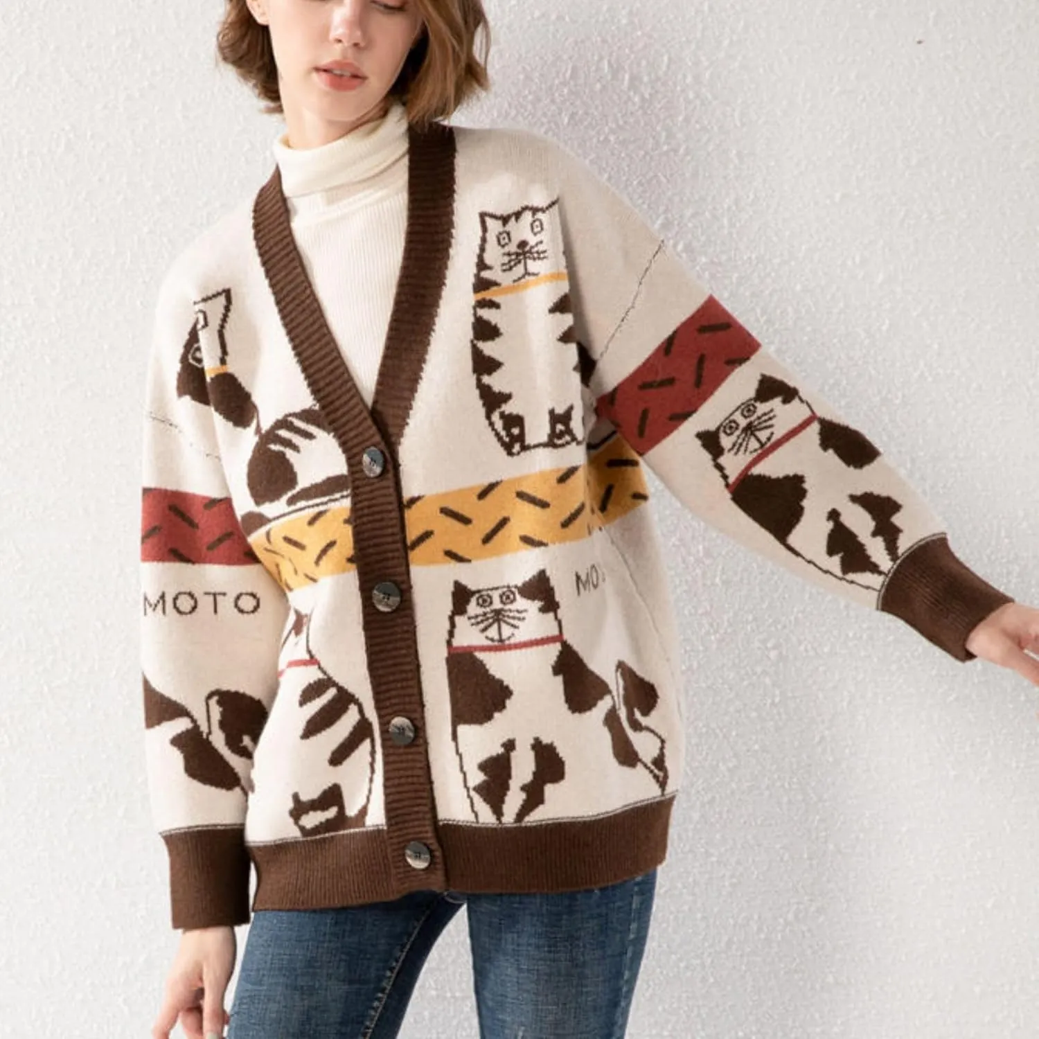 FindThy Womens Oversized Cat Embroidery Cute Cardigan Long Sleeved V Neck Knit Sweater Kawaii Clothes Cartoon Coat