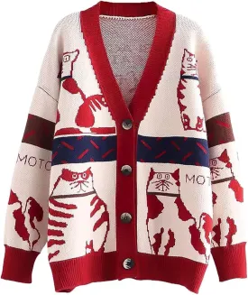 FindThy Womens Oversized Cat Embroidery Cute Cardigan Long Sleeved V Neck Knit Sweater Kawaii Clothes Cartoon Coat