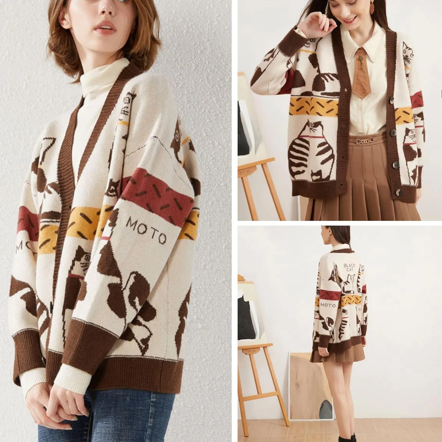FindThy Womens Oversized Cat Embroidery Cute Cardigan Long Sleeved V Neck Knit Sweater Kawaii Clothes Cartoon Coat