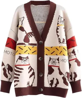 FindThy Womens Oversized Cat Embroidery Cute Cardigan Long Sleeved V Neck Knit Sweater Kawaii Clothes Cartoon Coat