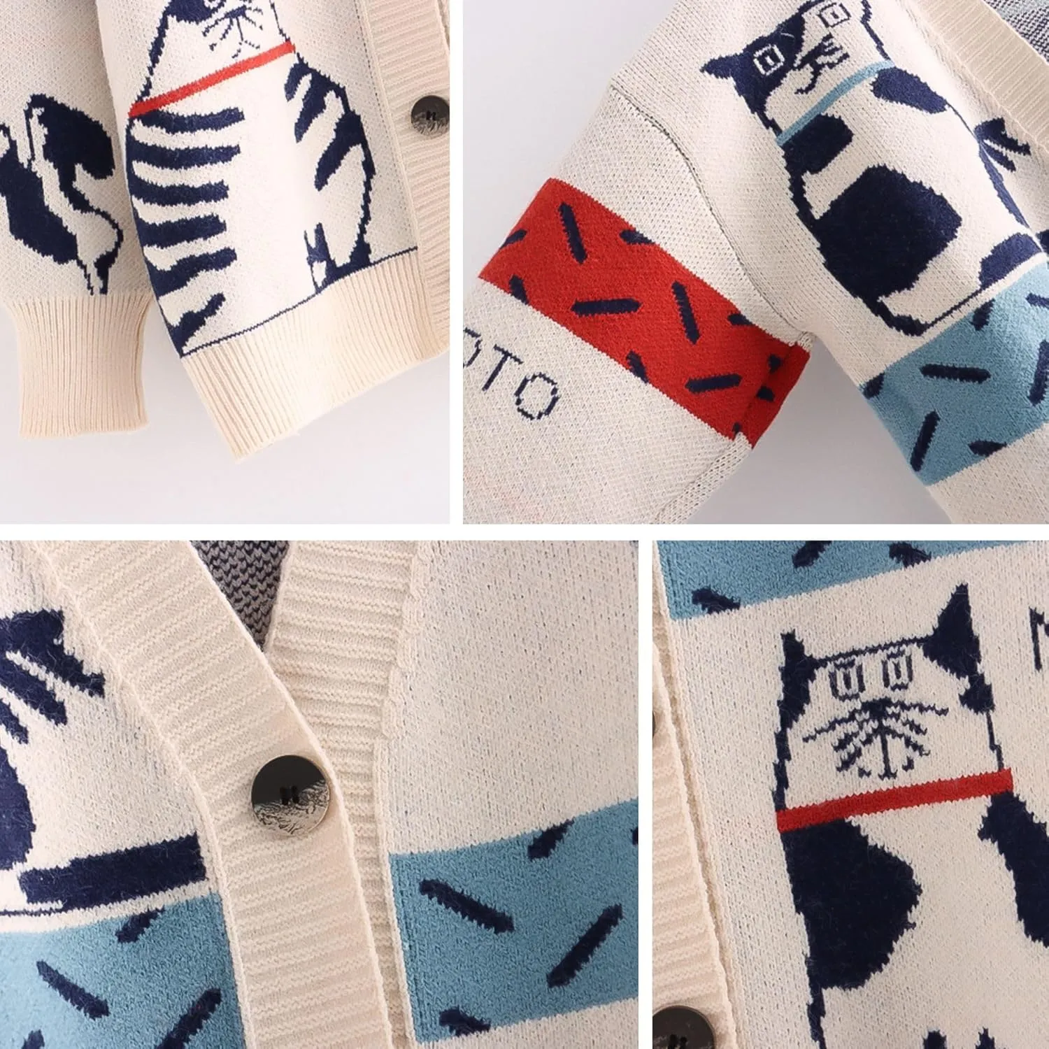 FindThy Womens Oversized Cat Embroidery Cute Cardigan Long Sleeved V Neck Knit Sweater Kawaii Clothes Cartoon Coat