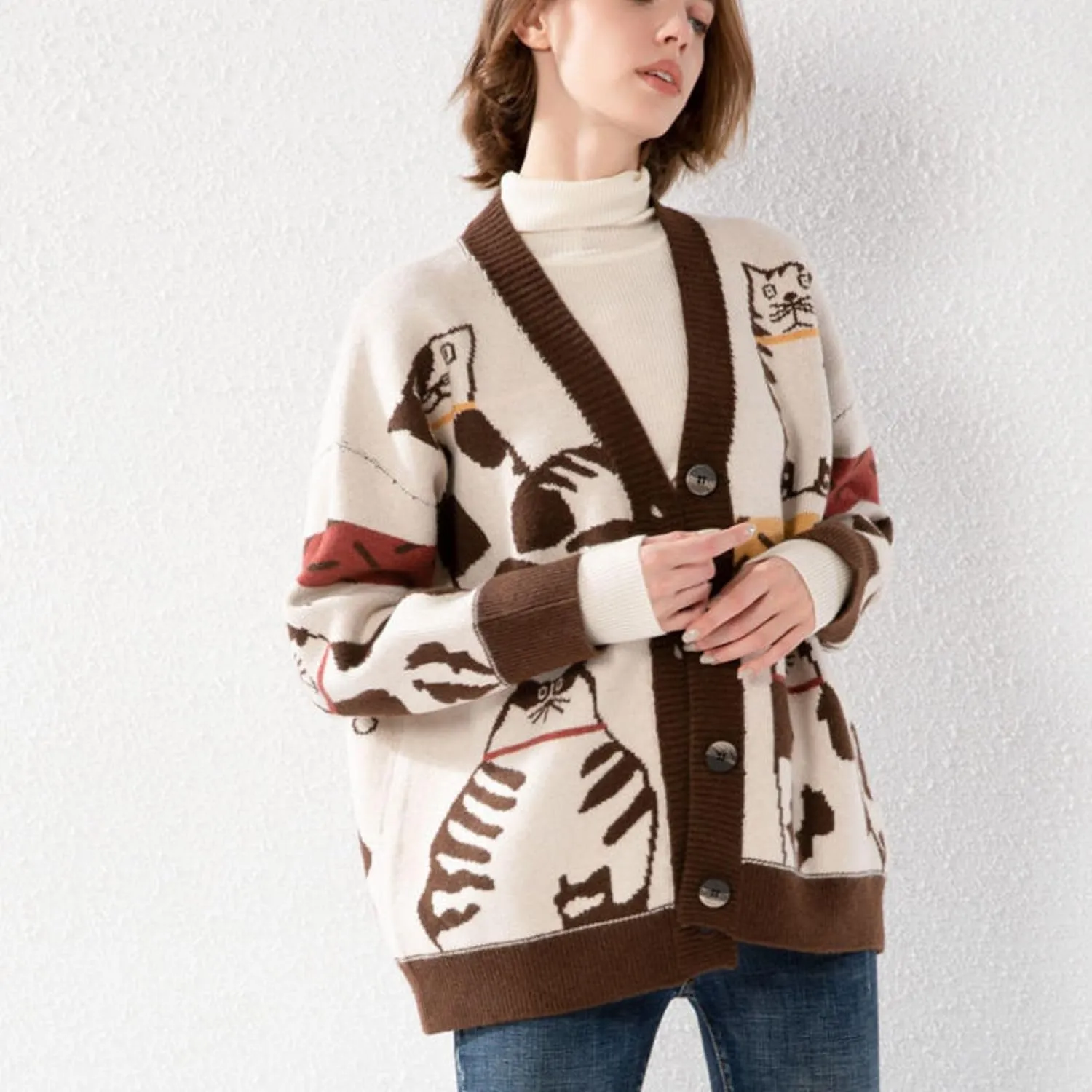 FindThy Womens Oversized Cat Embroidery Cute Cardigan Long Sleeved V Neck Knit Sweater Kawaii Clothes Cartoon Coat