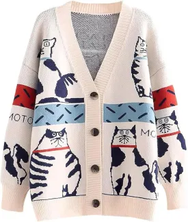 FindThy Womens Oversized Cat Embroidery Cute Cardigan Long Sleeved V Neck Knit Sweater Kawaii Clothes Cartoon Coat
