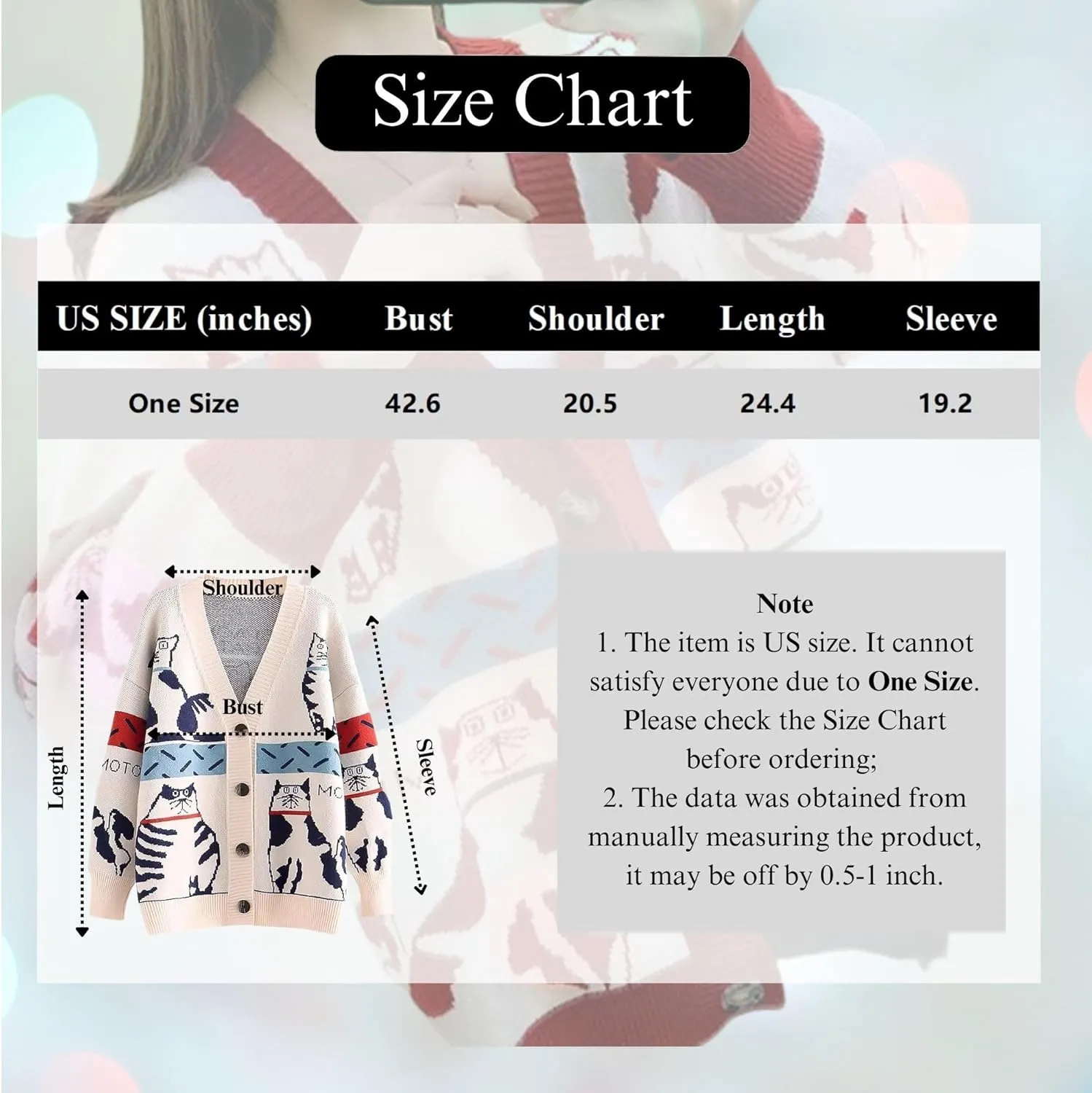 FindThy Womens Oversized Cat Embroidery Cute Cardigan Long Sleeved V Neck Knit Sweater Kawaii Clothes Cartoon Coat