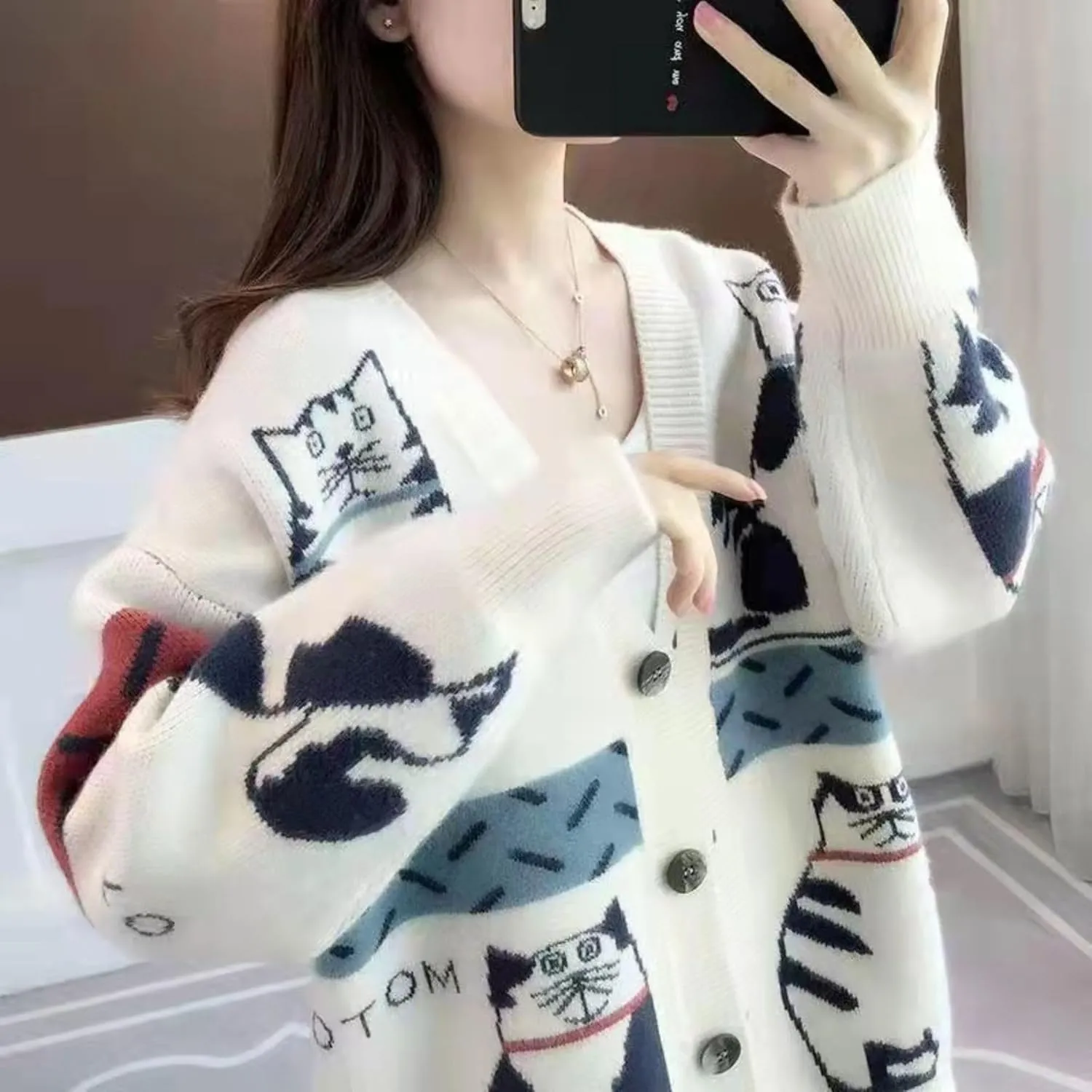 FindThy Womens Oversized Cat Embroidery Cute Cardigan Long Sleeved V Neck Knit Sweater Kawaii Clothes Cartoon Coat