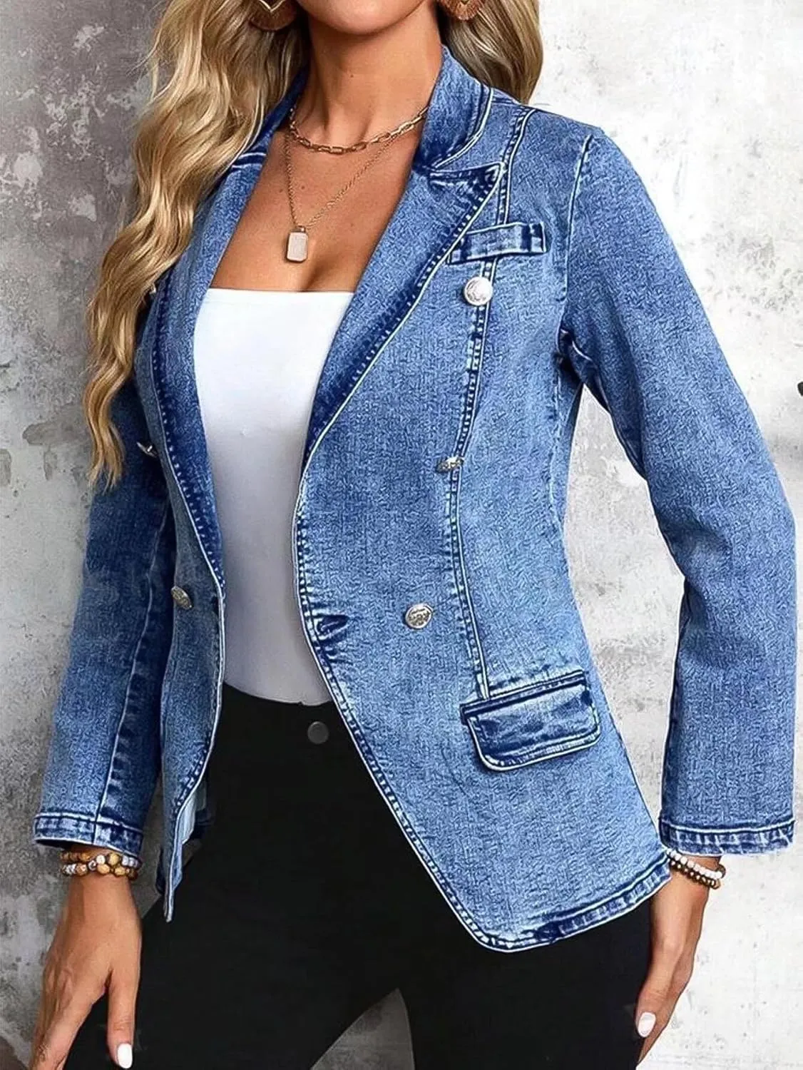 Flamingals Elegant Long Sleeve Flap Decor Lapel Collar Jeans Jacket Double Breasted Wash Denim Blazer