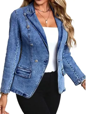 Flamingals Elegant Long Sleeve Flap Decor Lapel Collar Jeans Jacket Double Breasted Wash Denim Blazer
