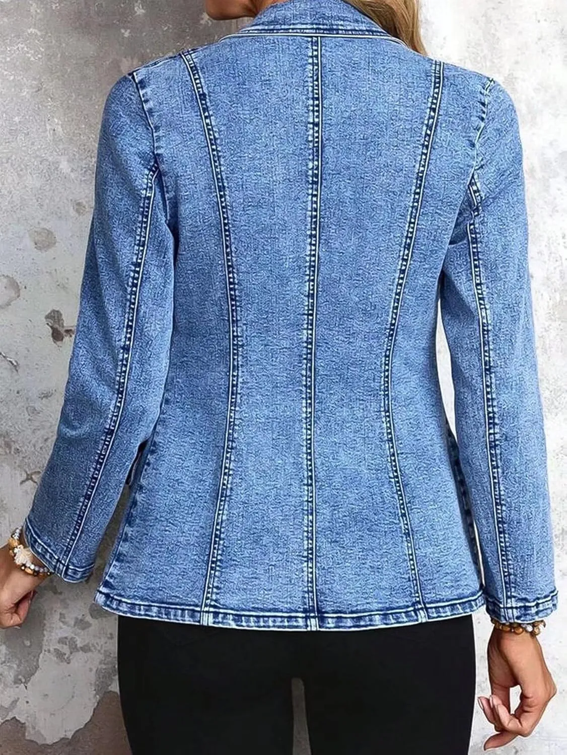 Flamingals Elegant Long Sleeve Flap Decor Lapel Collar Jeans Jacket Double Breasted Wash Denim Blazer