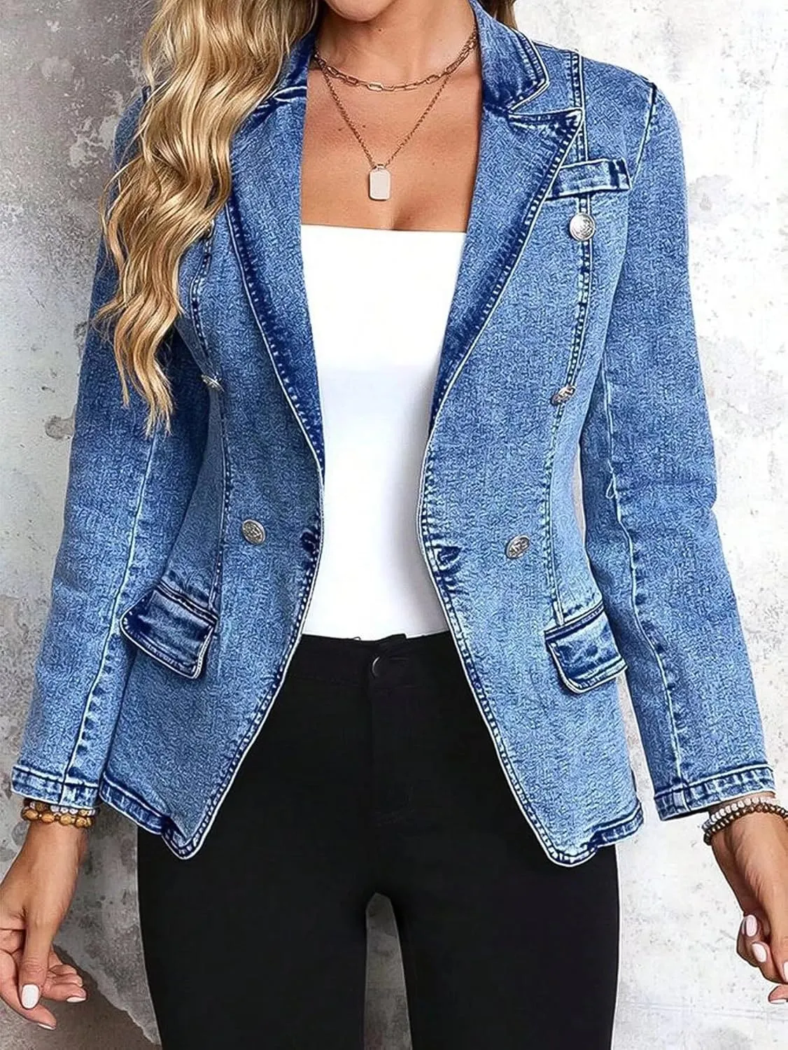 Flamingals Elegant Long Sleeve Flap Decor Lapel Collar Jeans Jacket Double Breasted Wash Denim Blazer