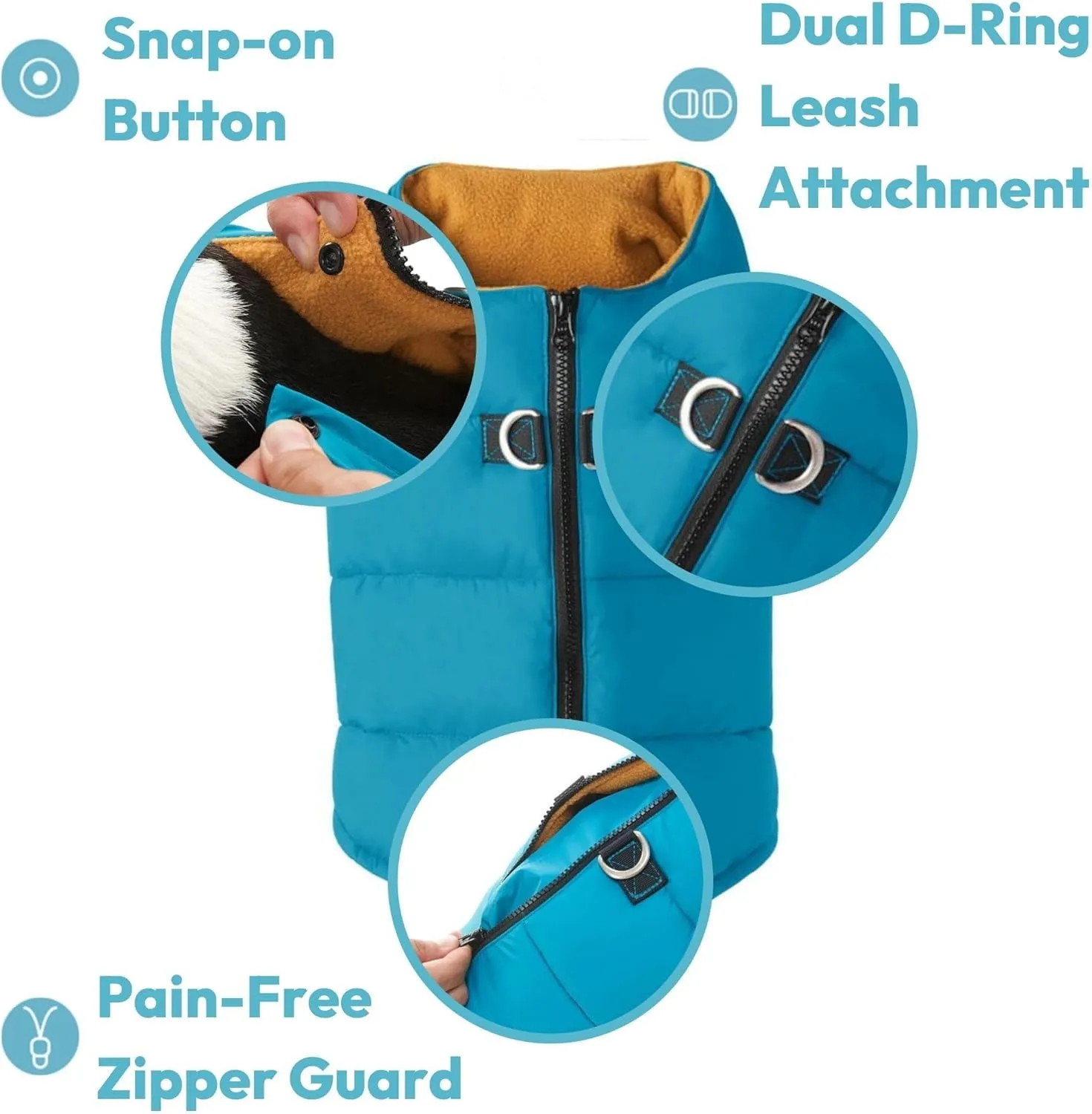 Gooby Padded Vest Dog Jacket - Solid Turquoise, Medium - Warm Zip Up Vest Fleece Jacket with Dual D Ring Leash - Water Resistant Sweater - Clothes for Small and Medium Dogs
