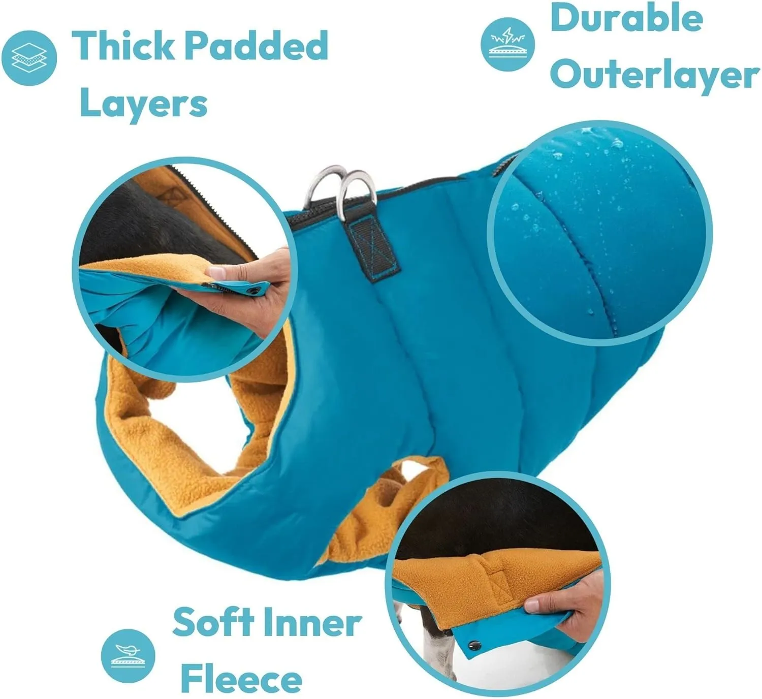 Gooby Padded Vest Dog Jacket - Solid Turquoise, Medium - Warm Zip Up Vest Fleece Jacket with Dual D Ring Leash - Water Resistant Sweater - Clothes for Small and Medium Dogs