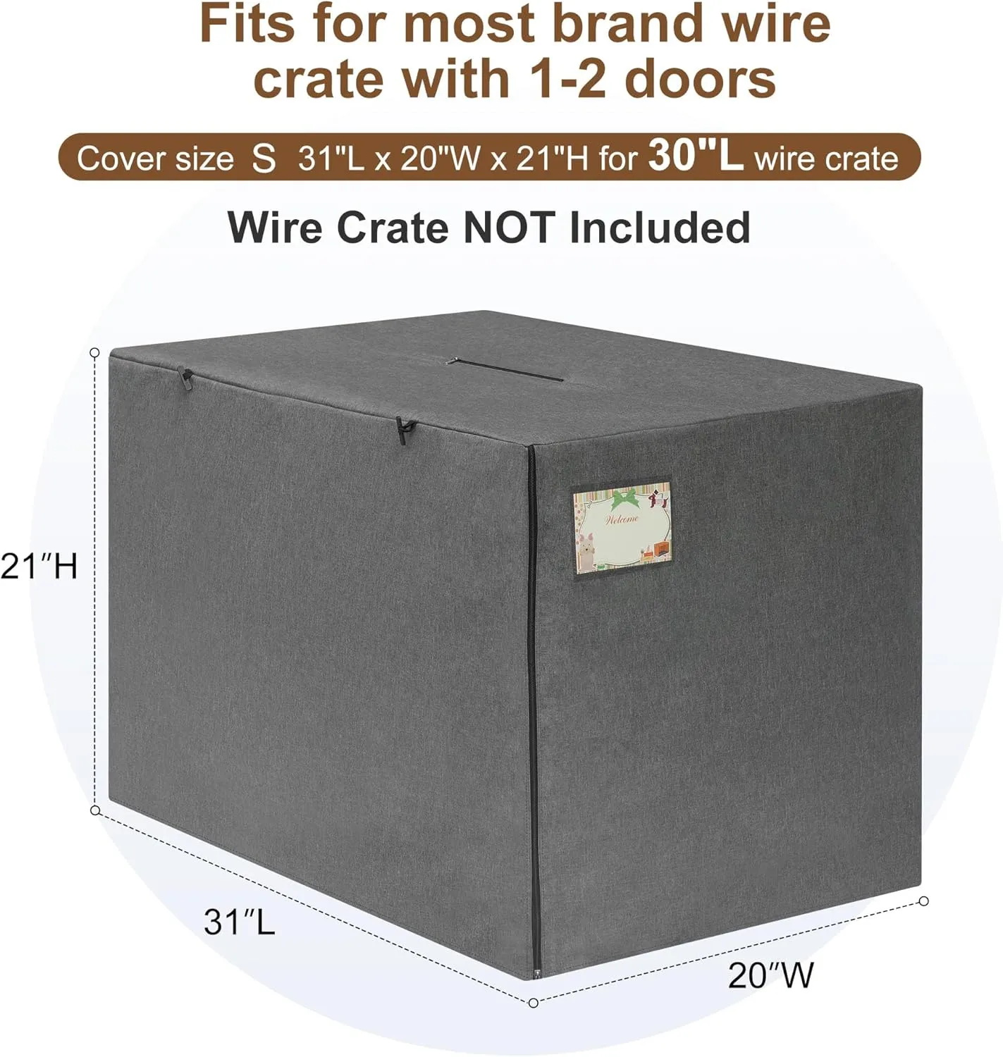 HiCaptain 30 inches Dog Crate Cover with Card Pocket, Heavy Duty Polyester Windproof Pet Kennel Cover Universal Fit for 1 or 2 Doors Standard Wire Crate (Grey)
