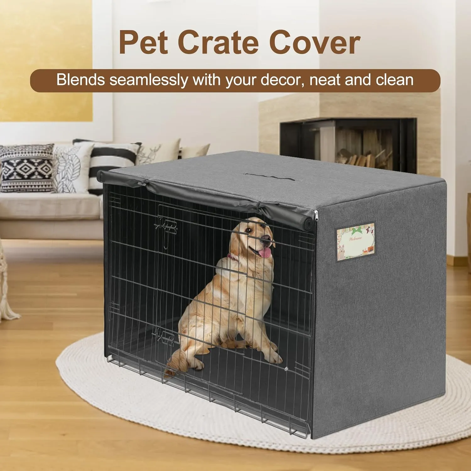 HiCaptain 30 inches Dog Crate Cover with Card Pocket, Heavy Duty Polyester Windproof Pet Kennel Cover Universal Fit for 1 or 2 Doors Standard Wire Crate (Grey)