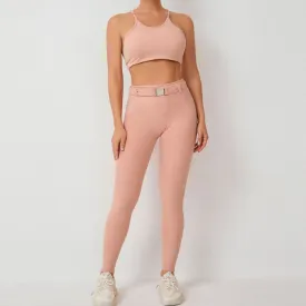 Imitation denim pocket tight adjustable waist with belt sports two-piece set 5colors