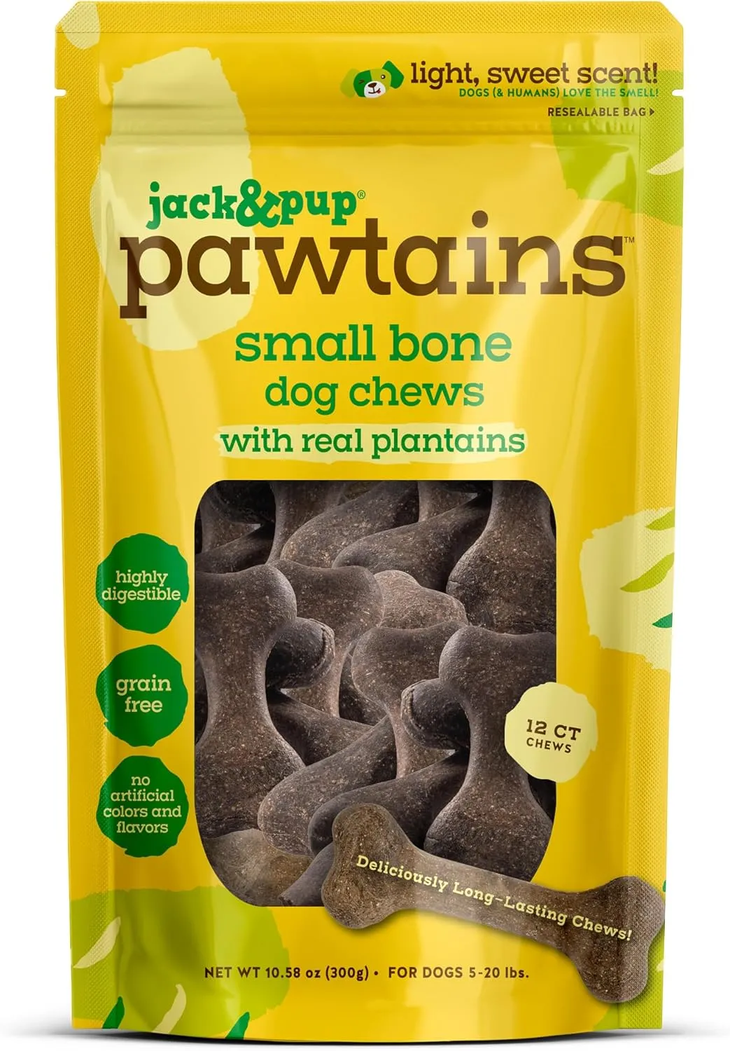 Jack&Pup Pawtains | Made from Real Plantains - Irresistible Aroma and Flavor | Highly Digestible, Grain Free, Long Lasting (Small - 12 Bones)