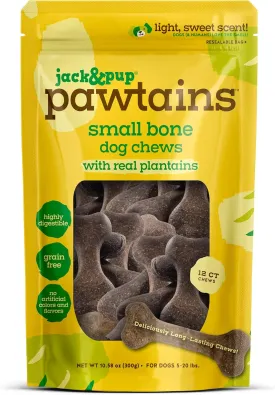 Jack&Pup Pawtains | Made from Real Plantains - Irresistible Aroma and Flavor | Highly Digestible, Grain Free, Long Lasting (Small - 12 Bones)