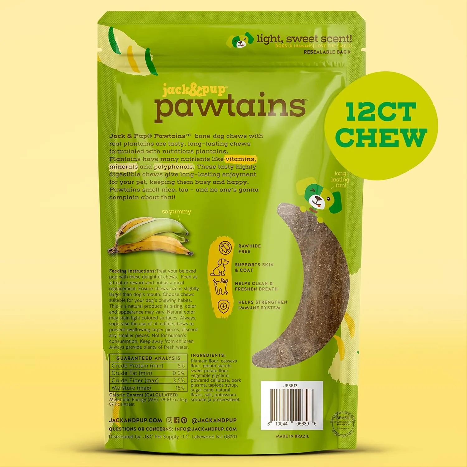 Jack&Pup Pawtains | Made from Real Plantains - Irresistible Aroma and Flavor | Highly Digestible, Grain Free, Long Lasting (Small - 12 Bones)