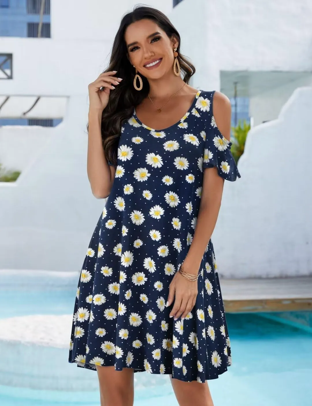 JollieLovin Womens Plus Size Short Sleeve Cold Shoulder V Neck T-Shirt Dress with Pockets