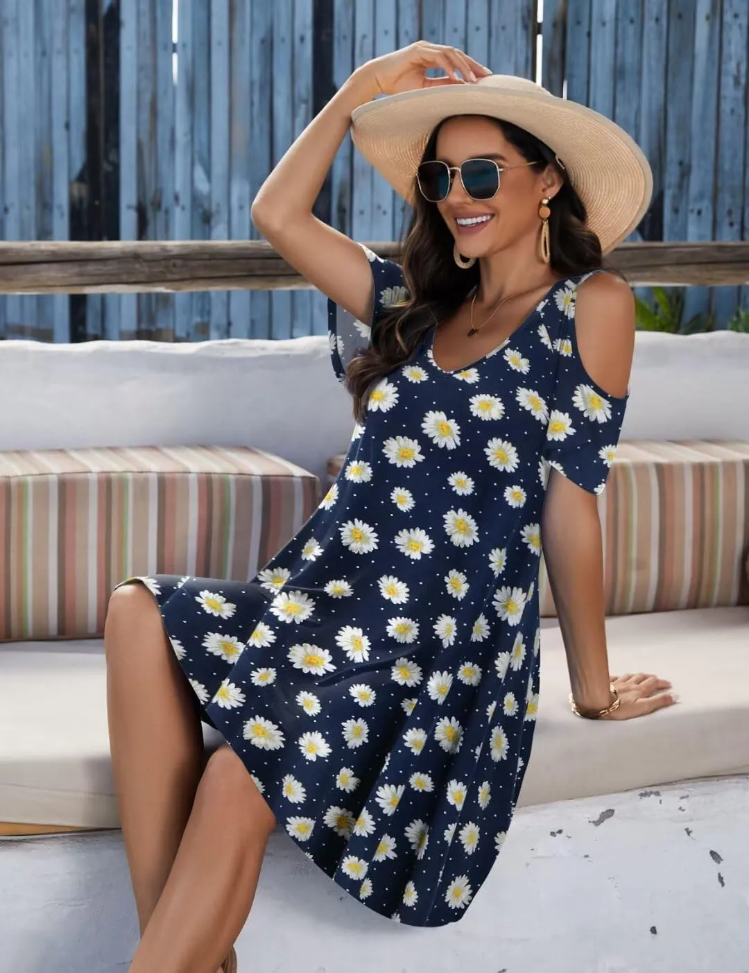 JollieLovin Womens Plus Size Short Sleeve Cold Shoulder V Neck T-Shirt Dress with Pockets