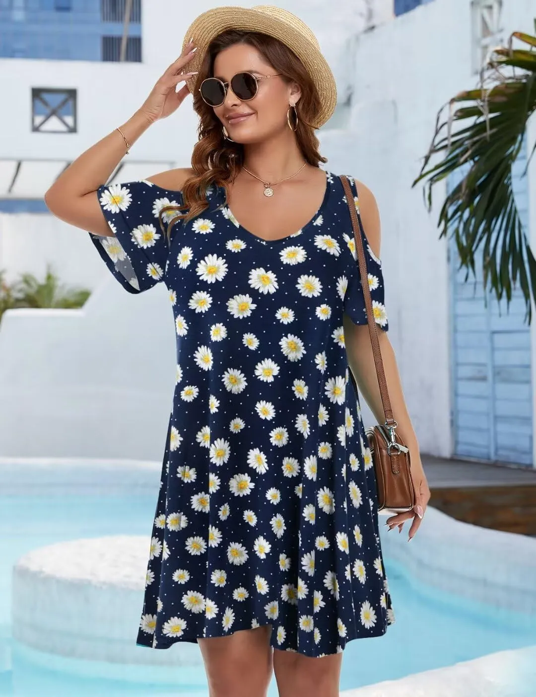 JollieLovin Womens Plus Size Short Sleeve Cold Shoulder V Neck T-Shirt Dress with Pockets