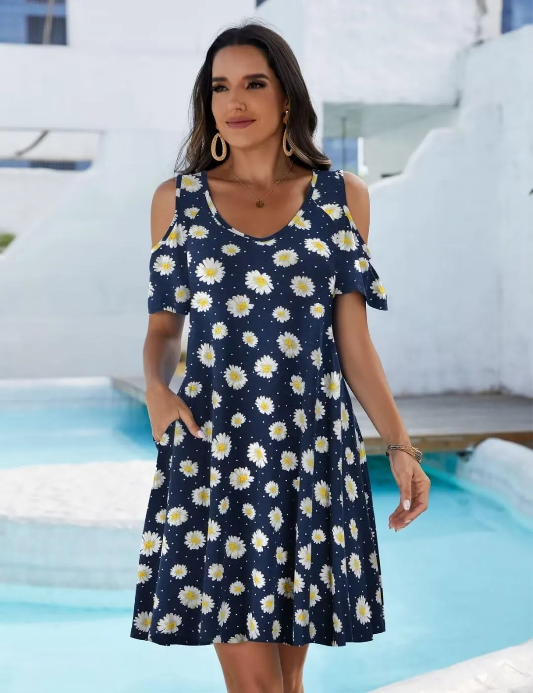 JollieLovin Womens Plus Size Short Sleeve Cold Shoulder V Neck T-Shirt Dress with Pockets