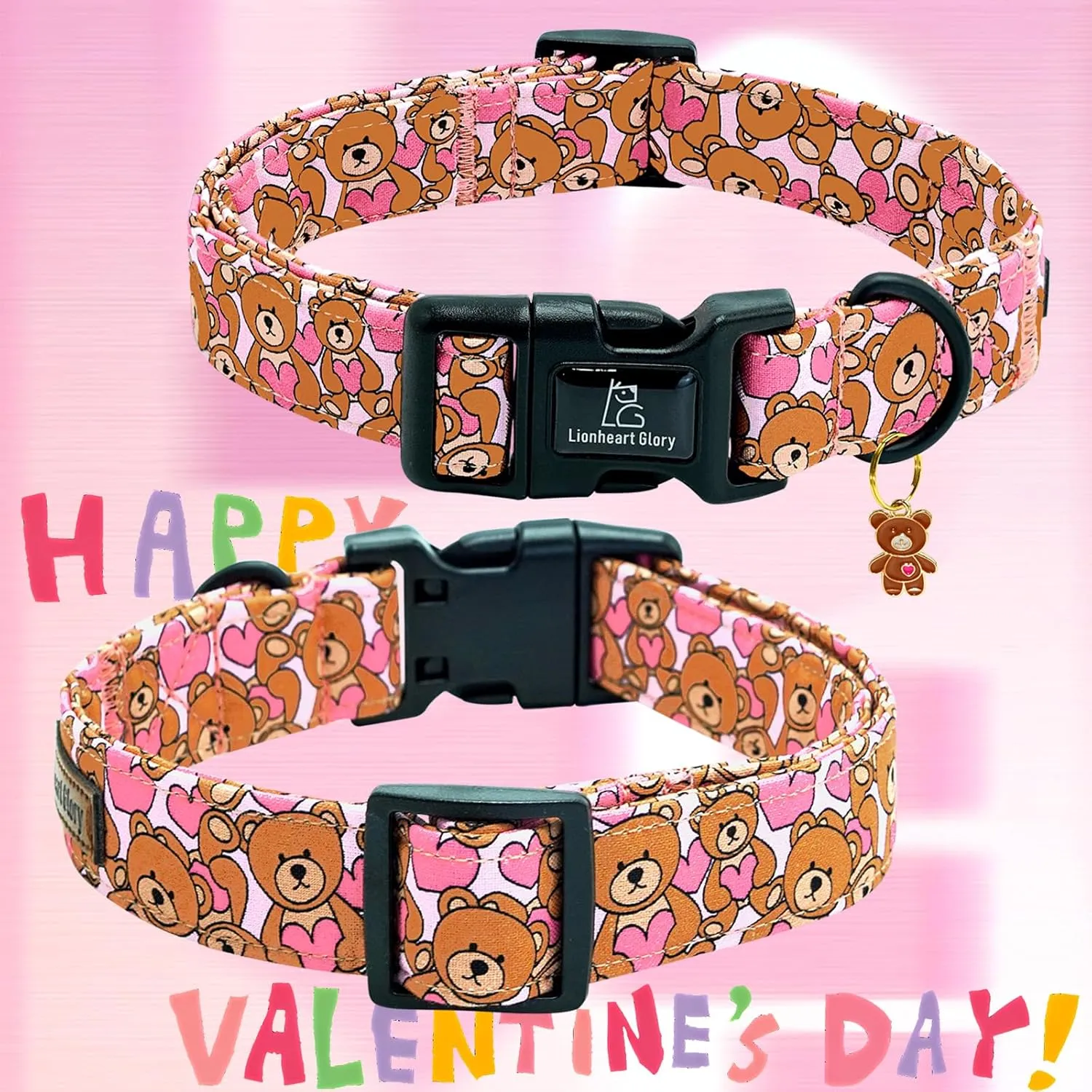 Lionheart glory Valentine Collar-Bear Hearts Print Dog Collar for Large Cute Pink Dog Collars Spring Female Pet Gift Adjustable Heavy-Duty Soft Collar Holiday