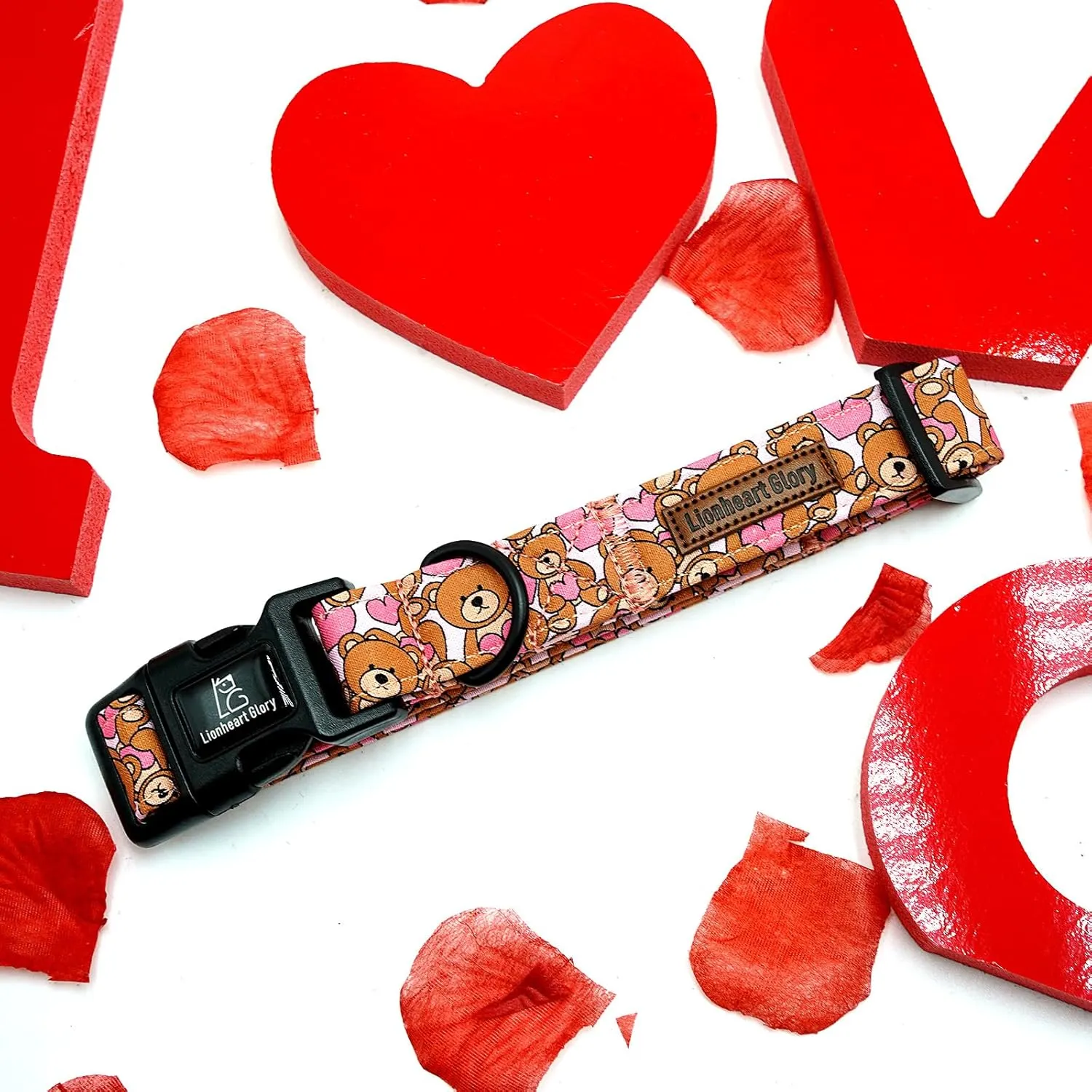 Lionheart glory Valentine Collar-Bear Hearts Print Dog Collar for Large Cute Pink Dog Collars Spring Female Pet Gift Adjustable Heavy-Duty Soft Collar Holiday