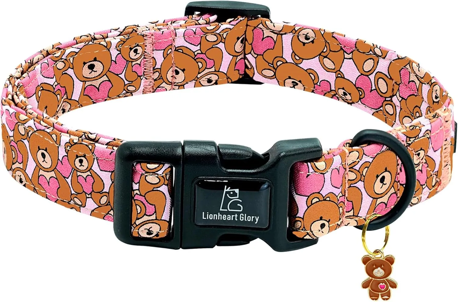 Lionheart glory Valentine Collar-Bear Hearts Print Dog Collar for Large Cute Pink Dog Collars Spring Female Pet Gift Adjustable Heavy-Duty Soft Collar Holiday