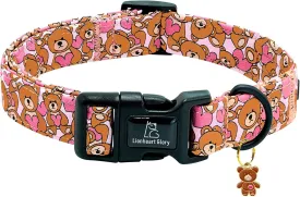 Lionheart glory Valentine Collar-Bear Hearts Print Dog Collar for Large Cute Pink Dog Collars Spring Female Pet Gift Adjustable Heavy-Duty Soft Collar Holiday
