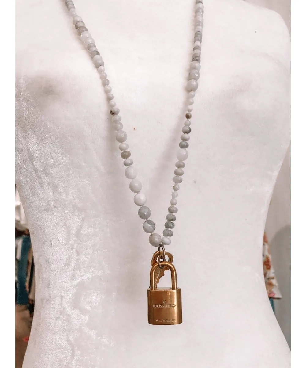 LV Lock Necklace White Grey 30"