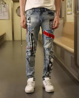 Medium Wash Blue Ripped Jeans with Gothic Flair-Mexico Local Delivery