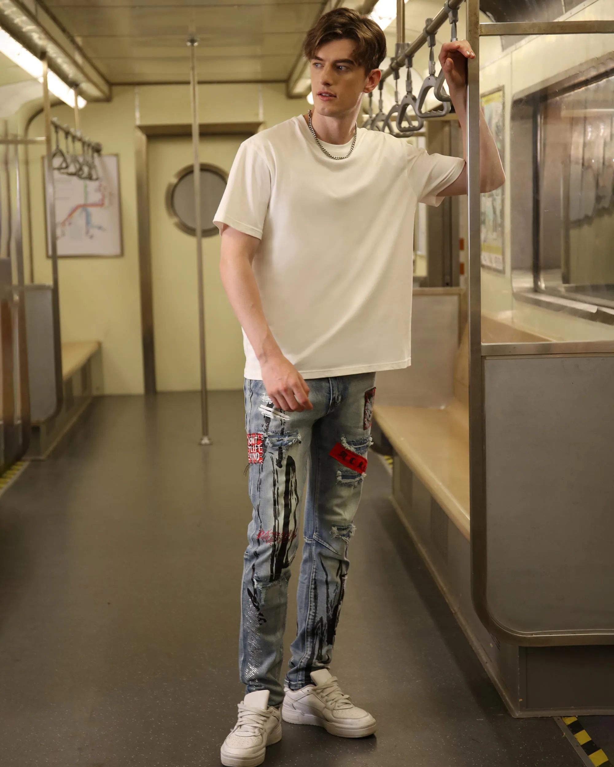 Medium Wash Blue Ripped Jeans with Gothic Flair-Mexico Local Delivery