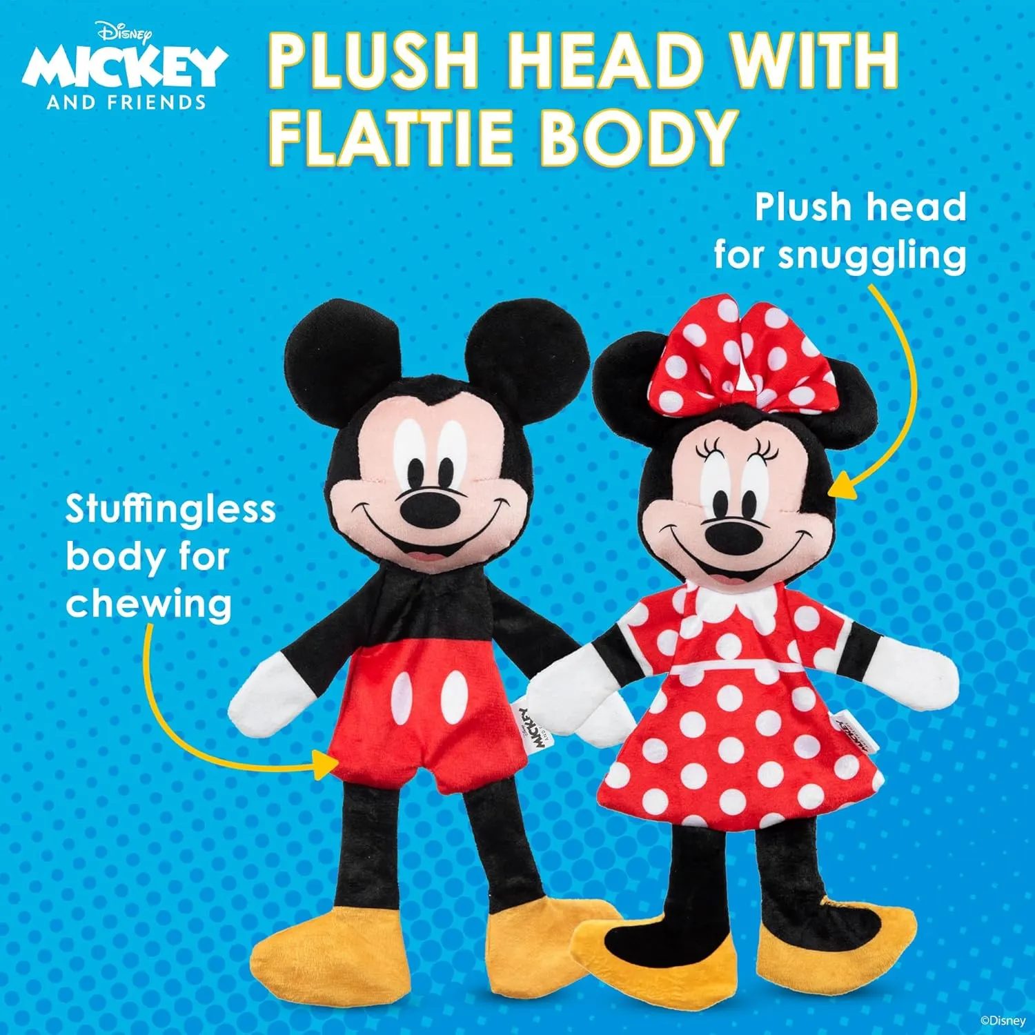 Mickey & Minnie Mouse Plush Squeaker with Crinkle Flattie Body Dog Toy Set | Plush Squeaker Toy for Dogs Inspired by Mickey Mouse, 13.5in - 2 Pack