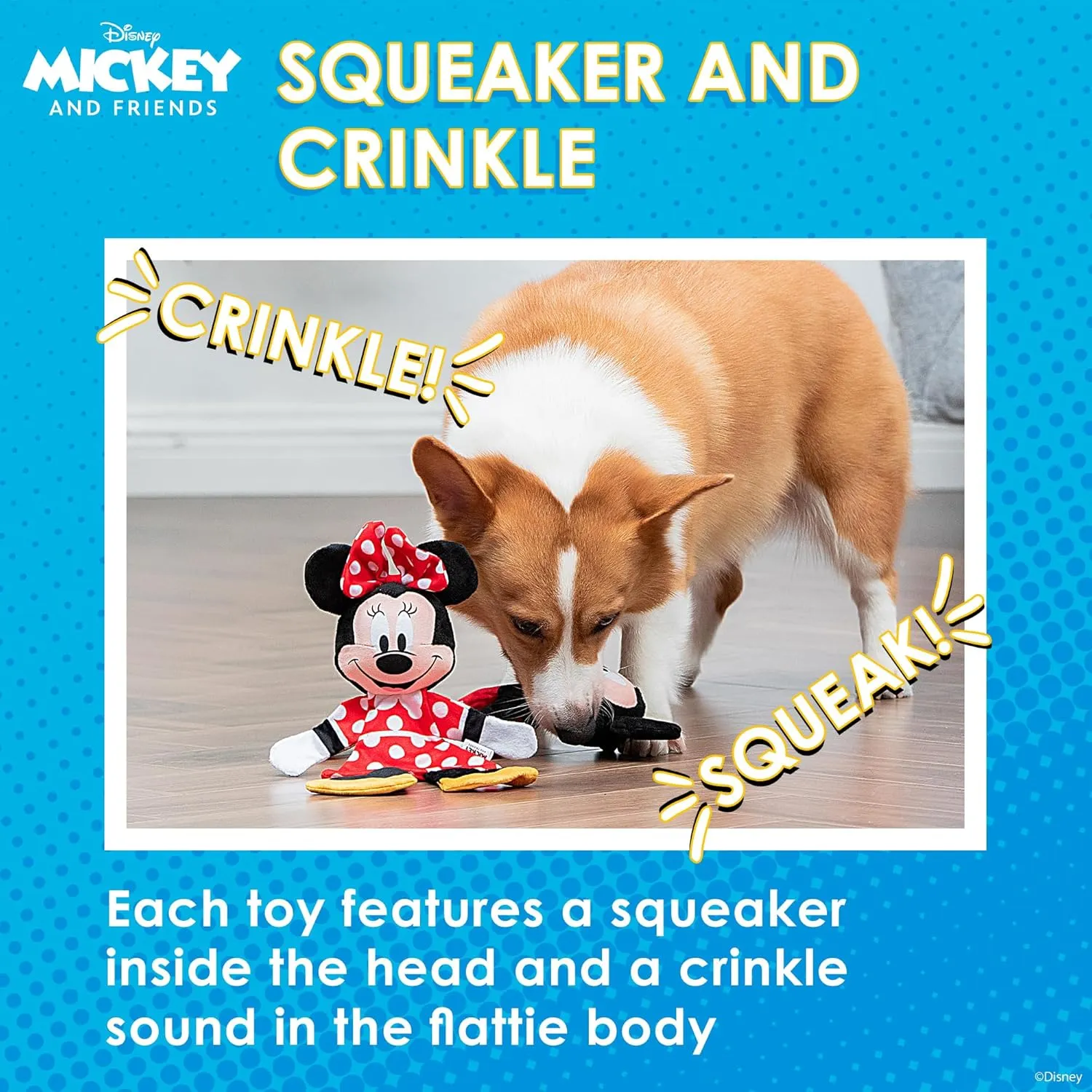Mickey & Minnie Mouse Plush Squeaker with Crinkle Flattie Body Dog Toy Set | Plush Squeaker Toy for Dogs Inspired by Mickey Mouse, 13.5in - 2 Pack