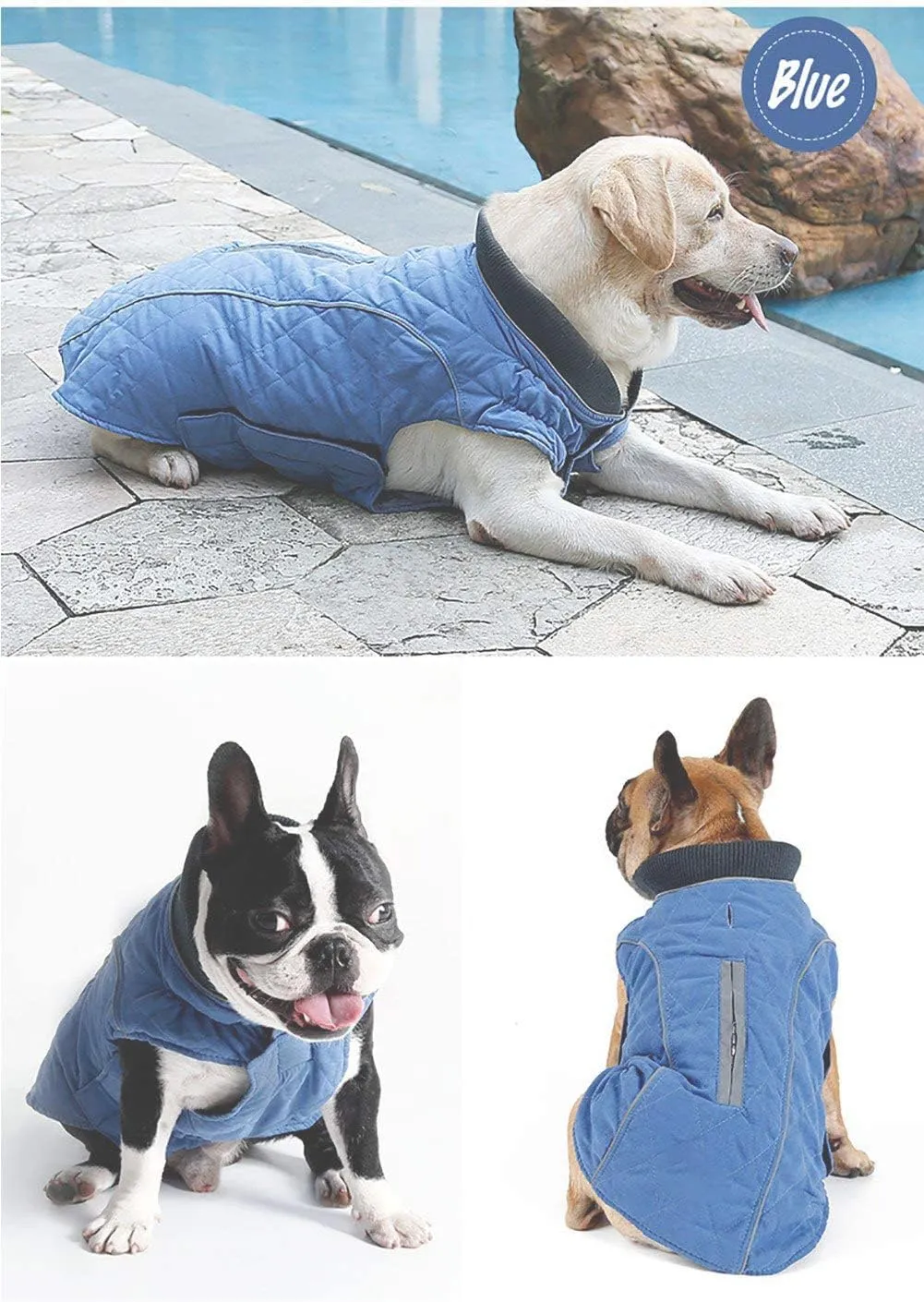 Morezi Dog Coat with Reflective strim, Winter Dog Jacket Water Resistant underbelly Warm Puppy Suit with Harness Hole - Suitable for French Bulldog, shitzu, Jack Russell Terrier - S - Blue