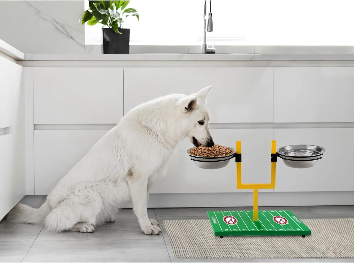 NCAA Alabama Crimson Tide Goalpost Football Field Dog Feeder  Adjustable Elevated Dog Bowls with Stand, 2 Stainless Steel Bowls, Non-Slip Rubber Feet, Raised Pet Feeder for Large & Small Dogs