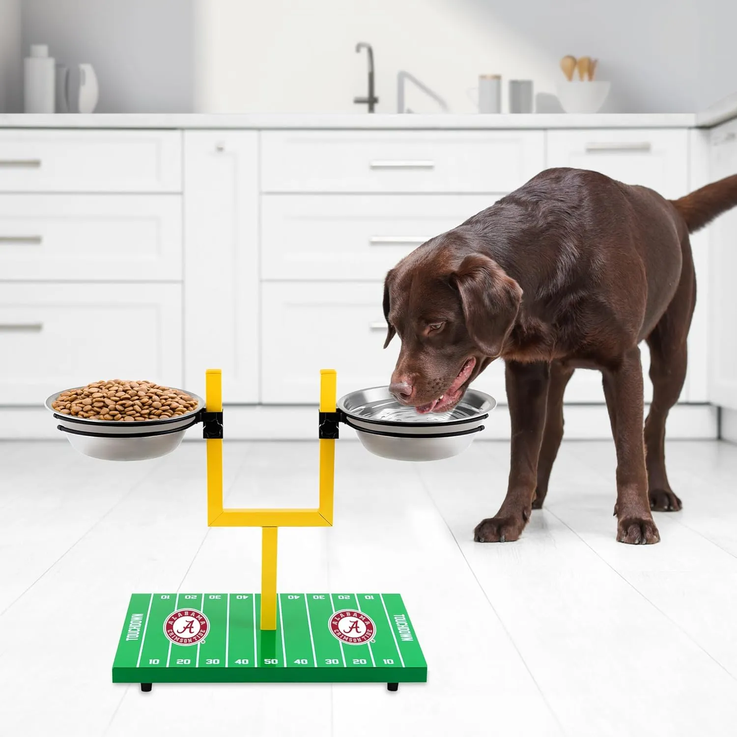 NCAA Alabama Crimson Tide Goalpost Football Field Dog Feeder  Adjustable Elevated Dog Bowls with Stand, 2 Stainless Steel Bowls, Non-Slip Rubber Feet, Raised Pet Feeder for Large & Small Dogs