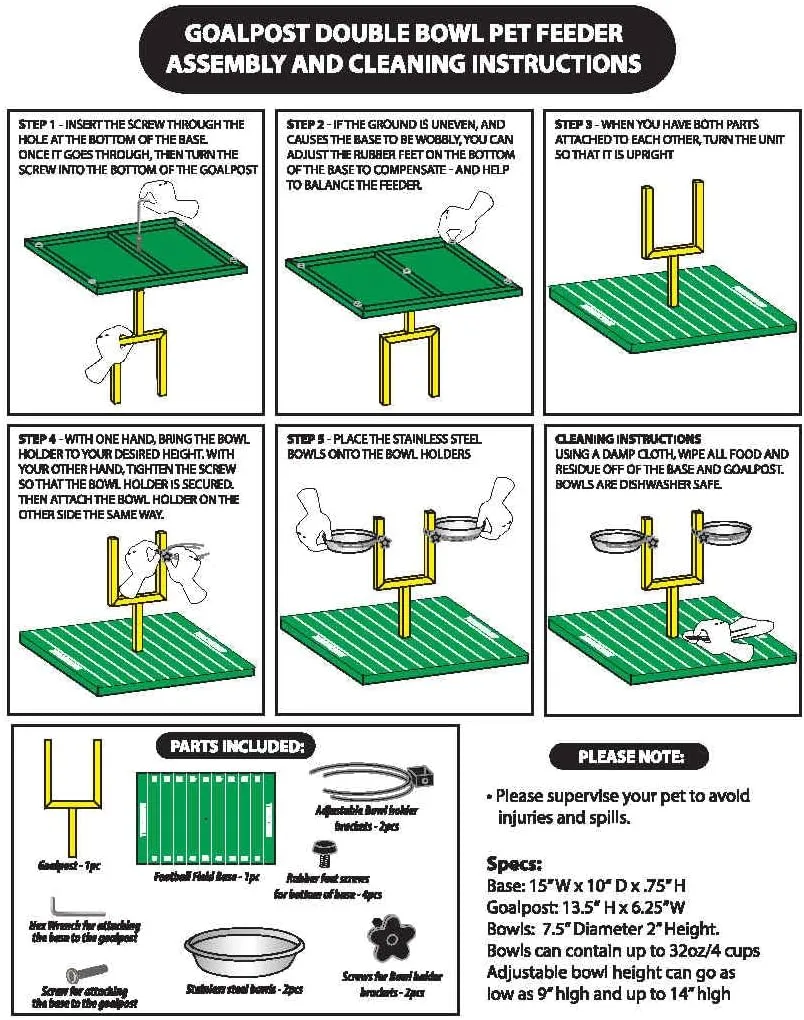 NCAA Alabama Crimson Tide Goalpost Football Field Dog Feeder  Adjustable Elevated Dog Bowls with Stand, 2 Stainless Steel Bowls, Non-Slip Rubber Feet, Raised Pet Feeder for Large & Small Dogs