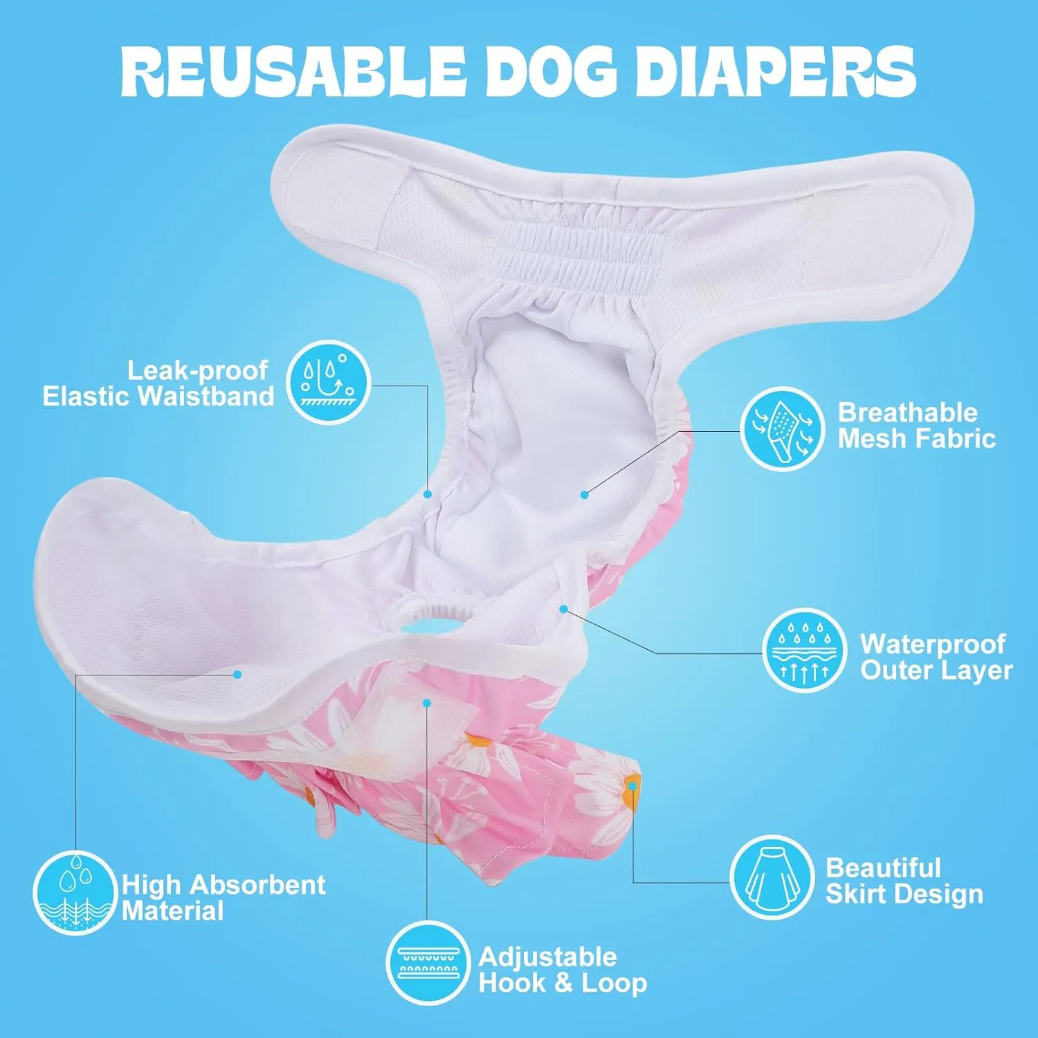 NOYAL Washable Dog Diapers Female Reusable High Absorbency Leak-Proof Rose Pattern Doggie Diapers 3 Pack