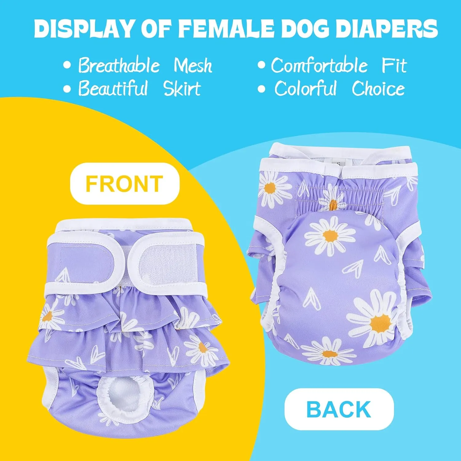 NOYAL Washable Dog Diapers Female Reusable High Absorbency Leak-Proof Rose Pattern Doggie Diapers 3 Pack