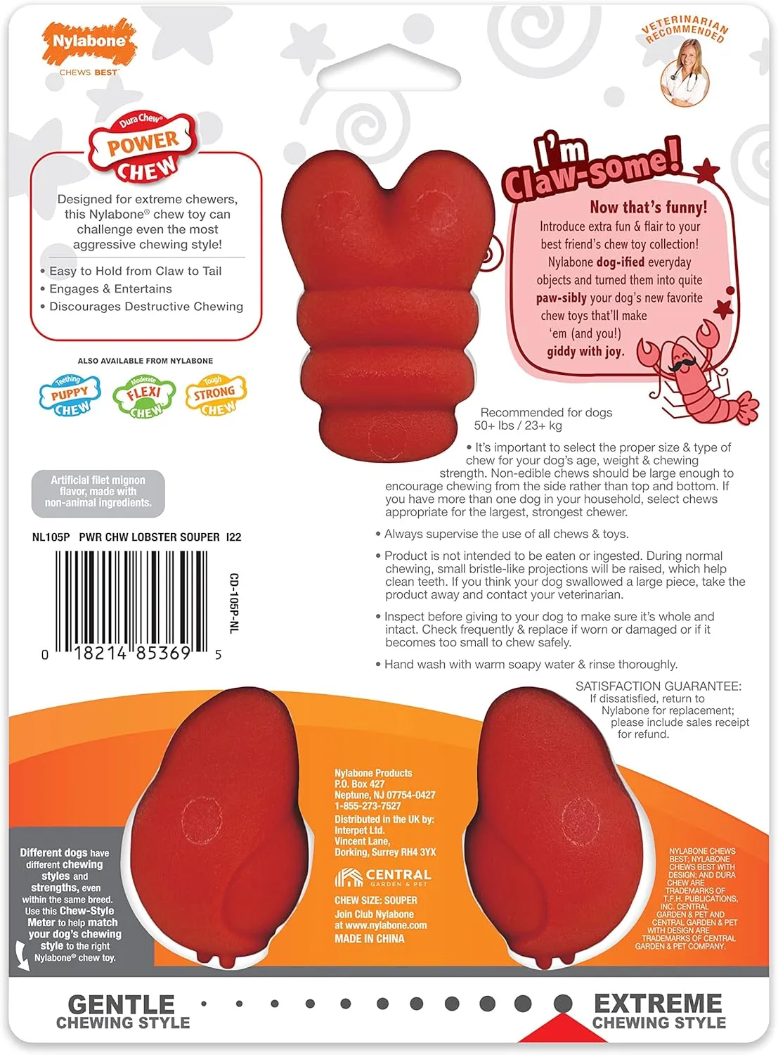 Nylabone Lobster Power Chew Toy for Dogs, Dog Toys for Aggressive Chewers, Filet Mignon Flavor, X-Large Dogs - 50  lbs, 1 Count