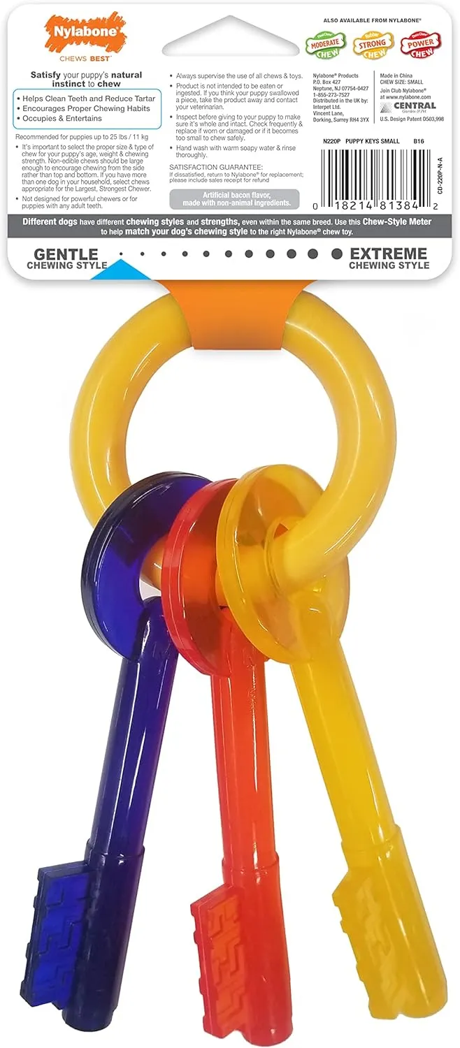 Nylabone Puppy Chew Key Ring Toy, Toys for Teething Puppies, Multi Color, Bacon Flavor, Small - Up to 25 lbs, 1 Count