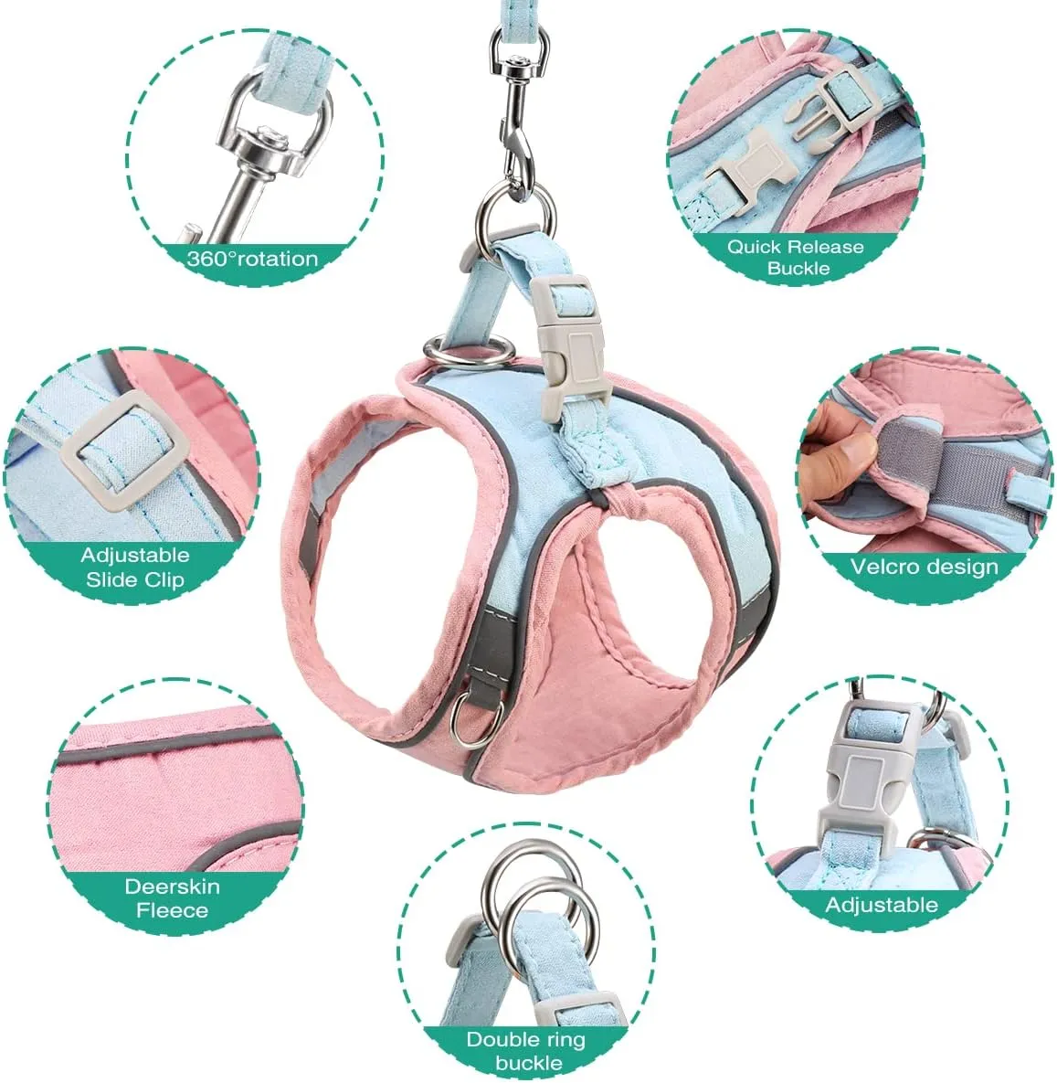 ORIA Pet Harness, Dog Harness, Cat Harness and Leash Set, Breathable Pet Vest, Reflective Strips Jacket for Small Kitten, Puppy, Rabbit, Pink and Blue, 6.6 to 11lb