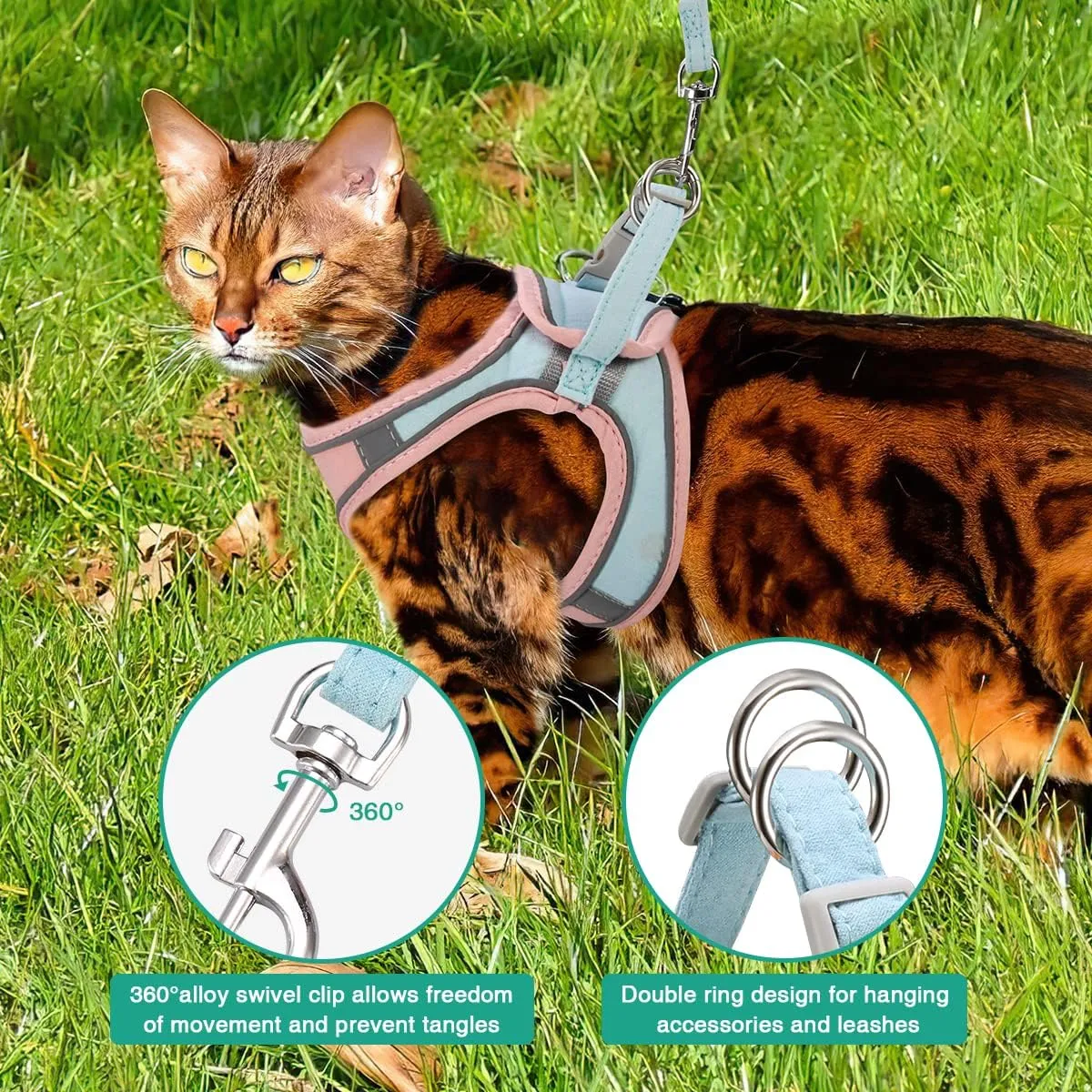 ORIA Pet Harness, Dog Harness, Cat Harness and Leash Set, Breathable Pet Vest, Reflective Strips Jacket for Small Kitten, Puppy, Rabbit, Pink and Blue, 6.6 to 11lb