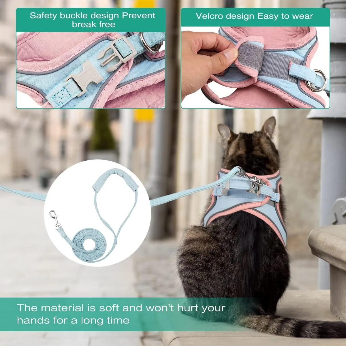 ORIA Pet Harness, Dog Harness, Cat Harness and Leash Set, Breathable Pet Vest, Reflective Strips Jacket for Small Kitten, Puppy, Rabbit, Pink and Blue, 6.6 to 11lb