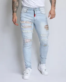 Pink Cashew Blossom Patch Blue Ripped Jeans with Light Wash