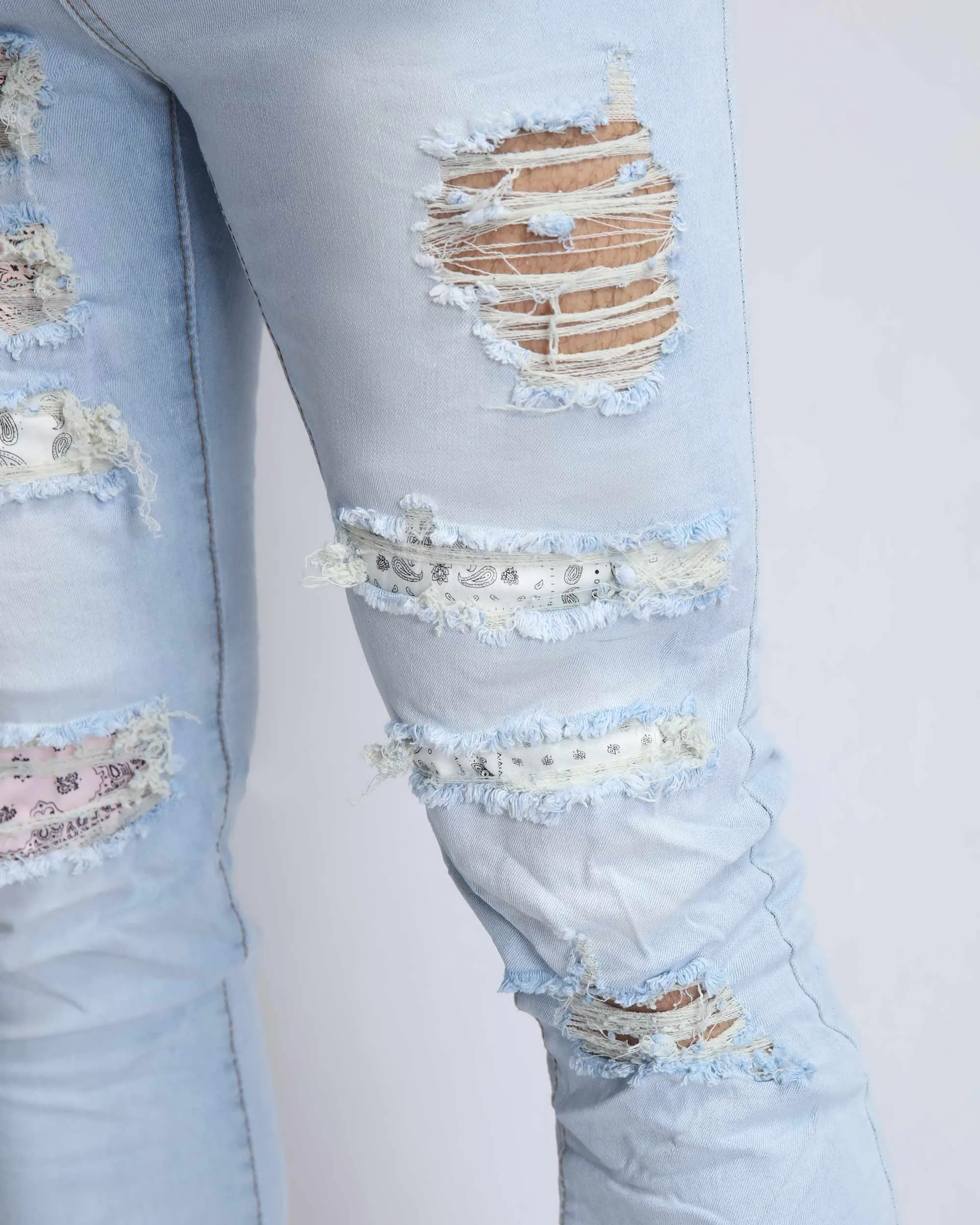 Pink Cashew Blossom Patch Blue Ripped Jeans with Light Wash